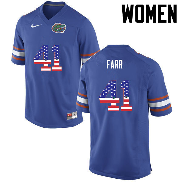 Women Florida Gators #41 Ryan Farr College Football USA Flag Fashion Jerseys-Blue